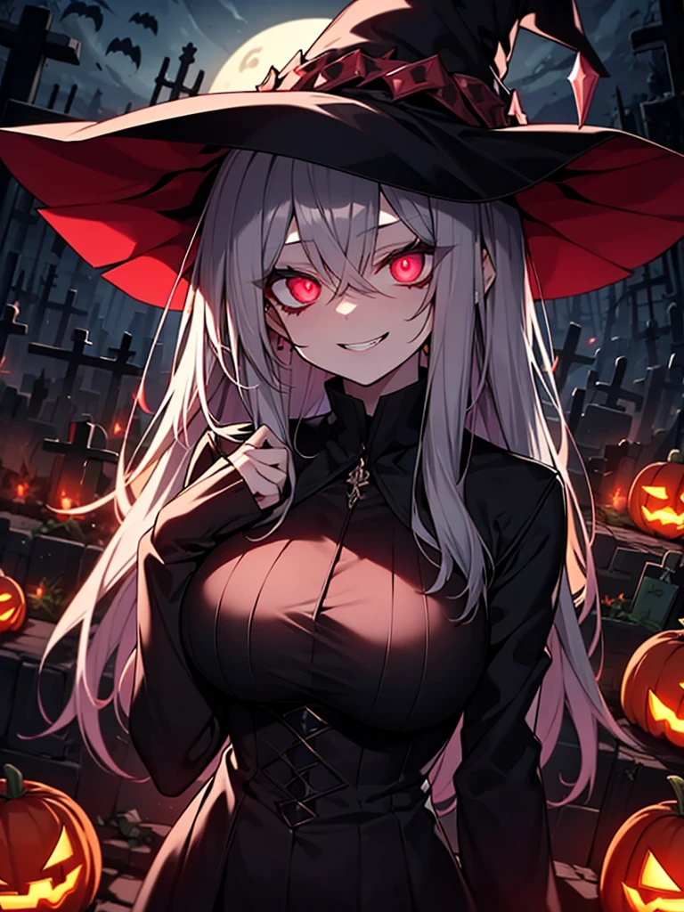  high definition、Best Quality、8k、 perfect face、Alone、Zombie Girl、Grey Skin、(corruption)、Slanted Eyes、Crazy Eyes、 red eyes that glow in the dark、 black eyeshadow 、Hollow Eyes、Shadowy Face、Detailed lips、Long silver hair、Large Breasts、 Creepy Silhouette with Glowing Eyes at Night、Extremely tired goth woman 、Yandere face 、witch、 Crazy Evil Smile 、 Wicked Expression 、Cemetery、Church Background、full moon、 Halloween 