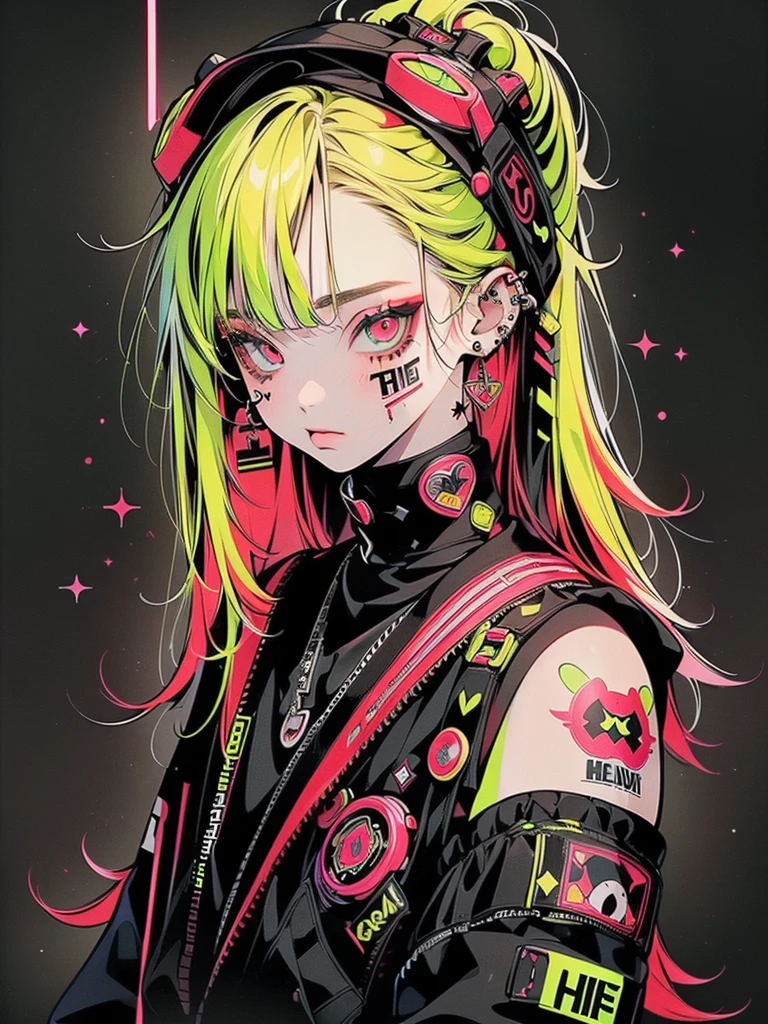 (((The best composition、Best Quality、 masterpiece、Super detailed、 high definition)))、Punk Rock Emo Girl,   long neon yellow hair tied in two, Tattoo sleeves and piercings, red eyes, slender,  Punk Fashion , Big cute goggles on the head 、No twins, 1 person、background：Neon colored geometric pattern 、