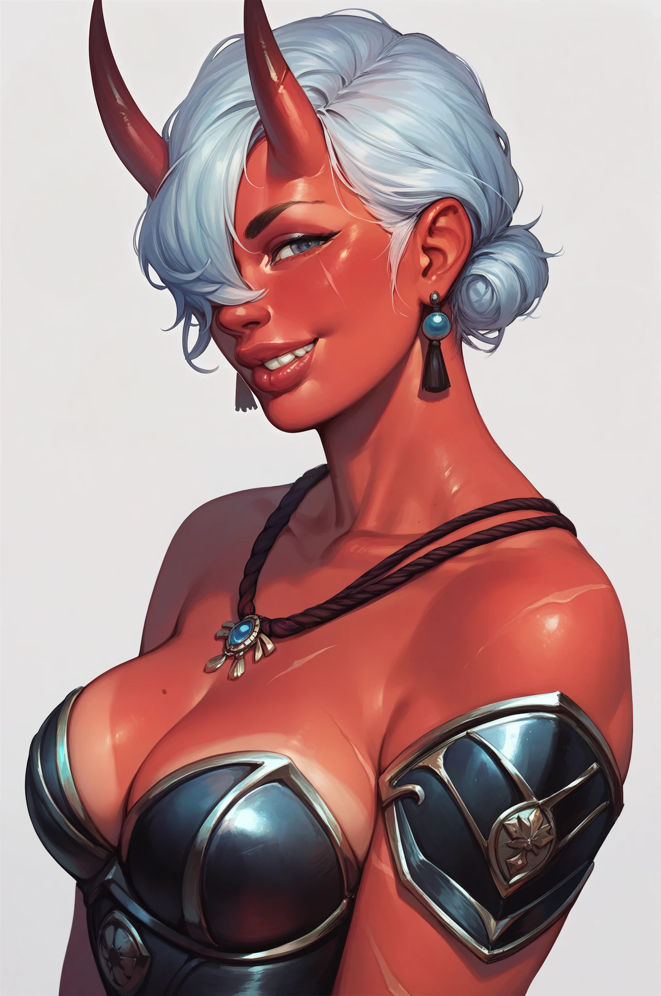 score_9, score_8_up, score_7_up, masterpiece, , line art,  anime,, detailed, 
1girl, upper body, oni milf, red skin, horns, scars, medium breasts, heavy armor, horny grin, short hair, beautiful eye, hair over one eye, looking at viewer, big lips, plump lips, 
,BREAK score_9, score_8_up, score_7_up, score_6_up, source_cartoon, rating_explicit,(close up)