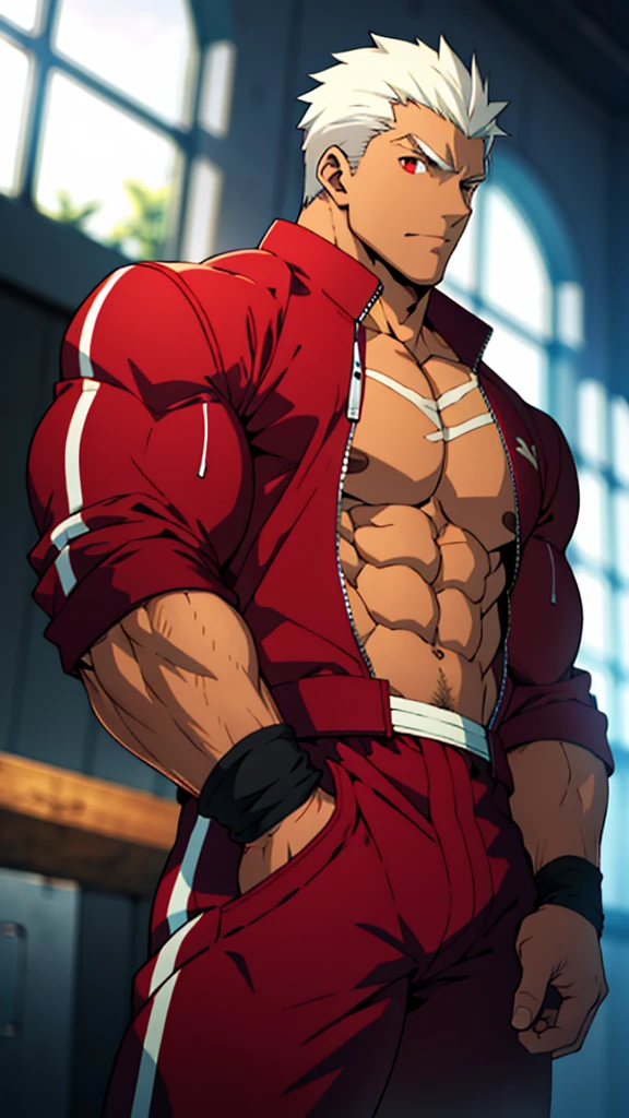 (emiya /(archer/):1.2), dark-skinned male, (small head:1.2), (unrealistically oversized muscular body:1.4), (Tremendously massive mega beefy Beefcake body:1.4), (muscular masculine character:1.4), heavyweight wrestler body, wide and monster size muscular upper body, (giant oversized muscular chest:1.4), giant oversized muscular arms, long and oversized muscular legs,  big feet, neck is thicker and more muscular than the head, facing viewer, red eyes, (detailed manly face:1.2), red tracksuit, undressed upper body , very tight, looking at viewers, from below, full body, (anime: 1.3), masterpiece, best quality,
