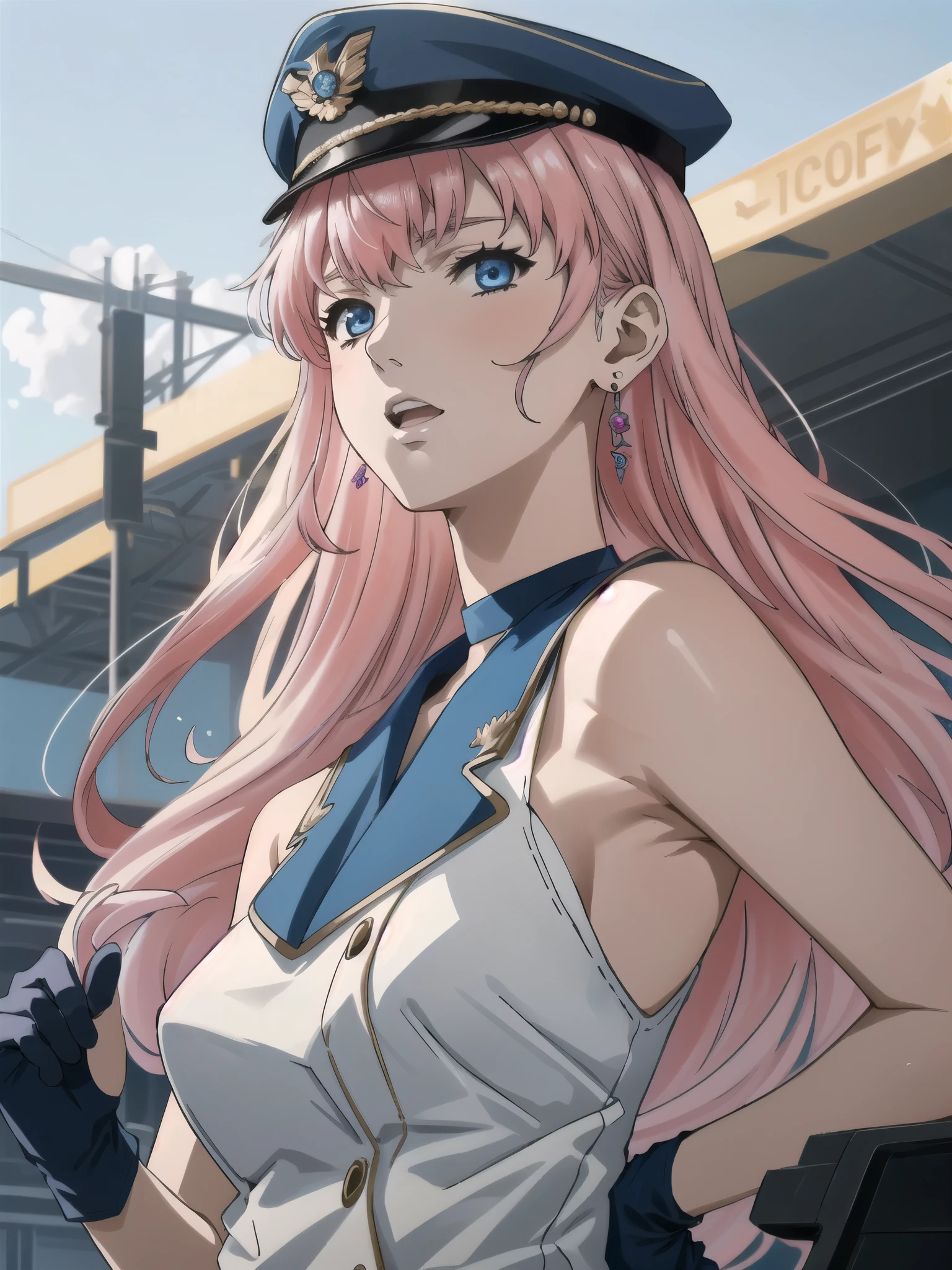 ( show me her armpits, Sleeveless,胸of谷間, sexy pose),Singing ,(評価of高いデジタルアートワーク:1.3) of (masterpiece:1.3),(Lively:1.3) 1人of女of子, Alone, シェリルof名前, Multicolored Hair, Gradation Hair , ブロンドof髪, Pink Hair, Long Hair, medium breasts, blue eyes , mature women, Have, Long Hair, earrings for a woman alone, JEWELRY, peaked cap, Gloves, choker, uniform, puts her hand on her lower back, military, blue military uniform, music concert , concert, 光of効果,CGSociety, Art Station ,( Fujifilm Superior :1.3)