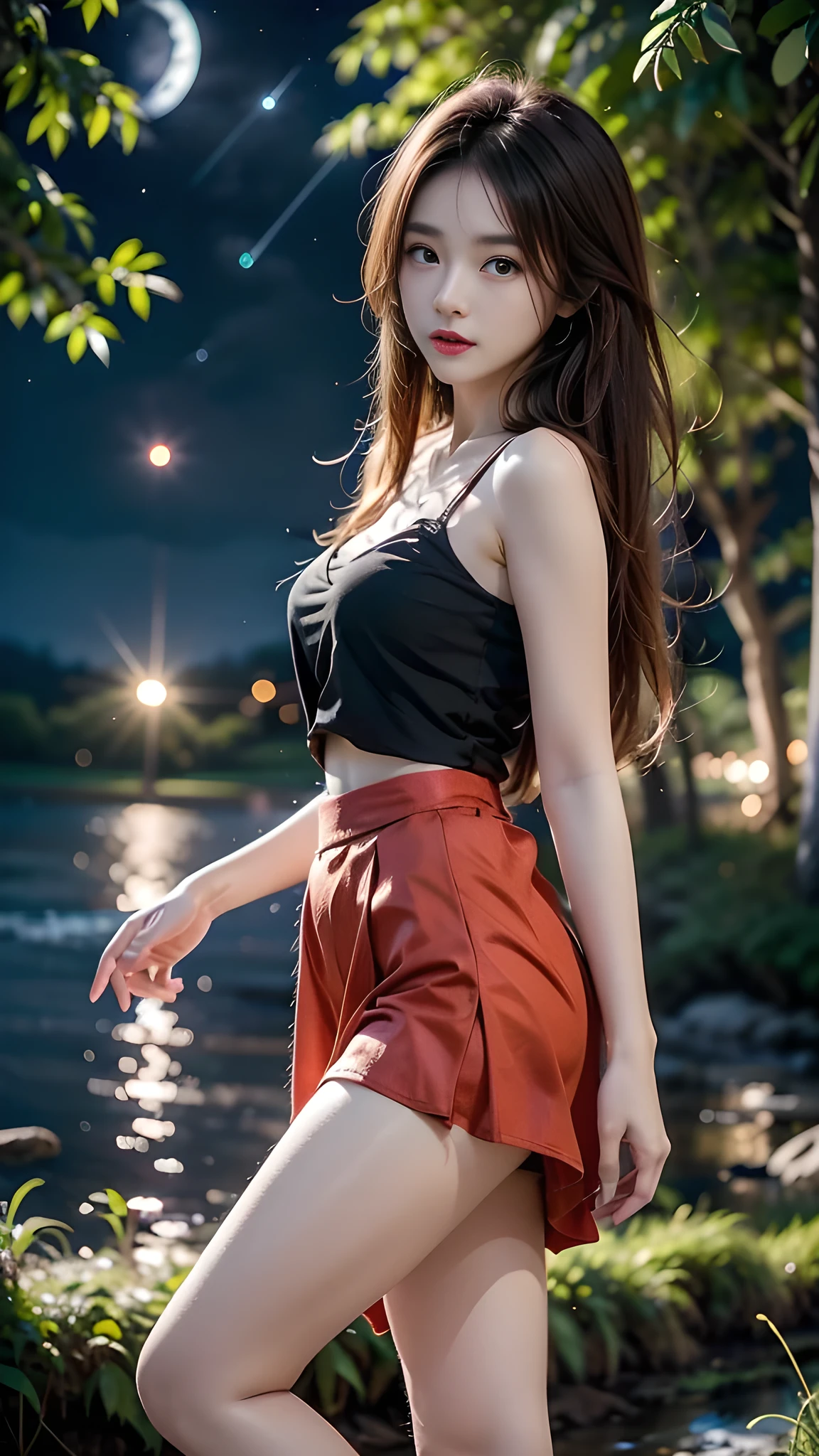 best qualtiy,sface focus,Look at the audience head-on,the soft light,(depth of fields),Ultra-high resolution,Picture above the knee(Photorealsitic:1.4),RAW photos,Bigchest,Red clothes,Open navel,Bare shoulders,By bangs,Long ponytail hairstyle,(sportrait:1.4),(From the front side)1girll,solo,adolable,(Shy,ssmile:1.1),(with brown eye),Detailed beautiful face,(mid day_Hair), moon in the night,Walk,(off-the-shoulder shirts),