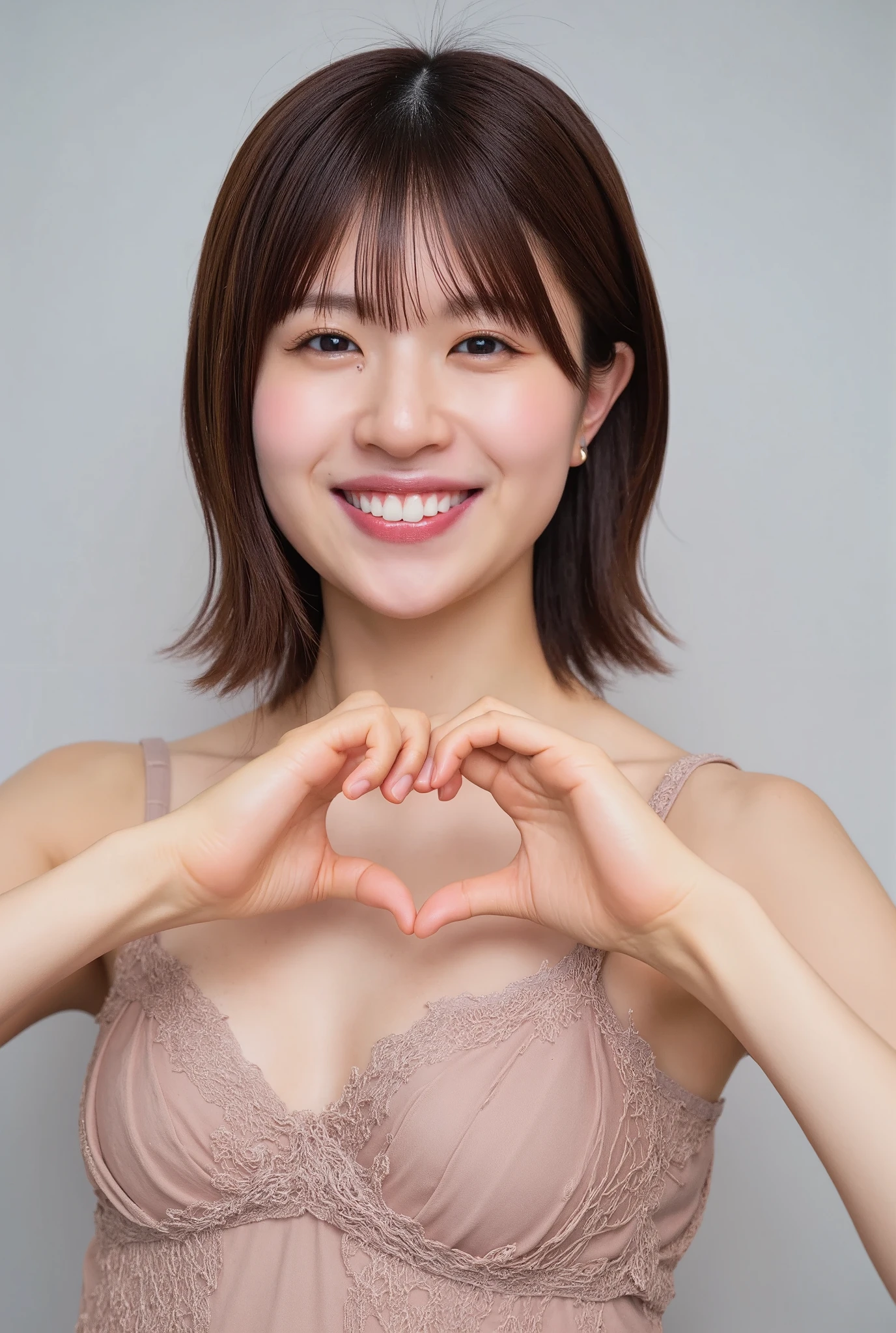 She is in a pose wearing a sexy camisole, making a firm big heart shape with both hands, and holding it in front of her chest, Cute smile up、Monotone background

