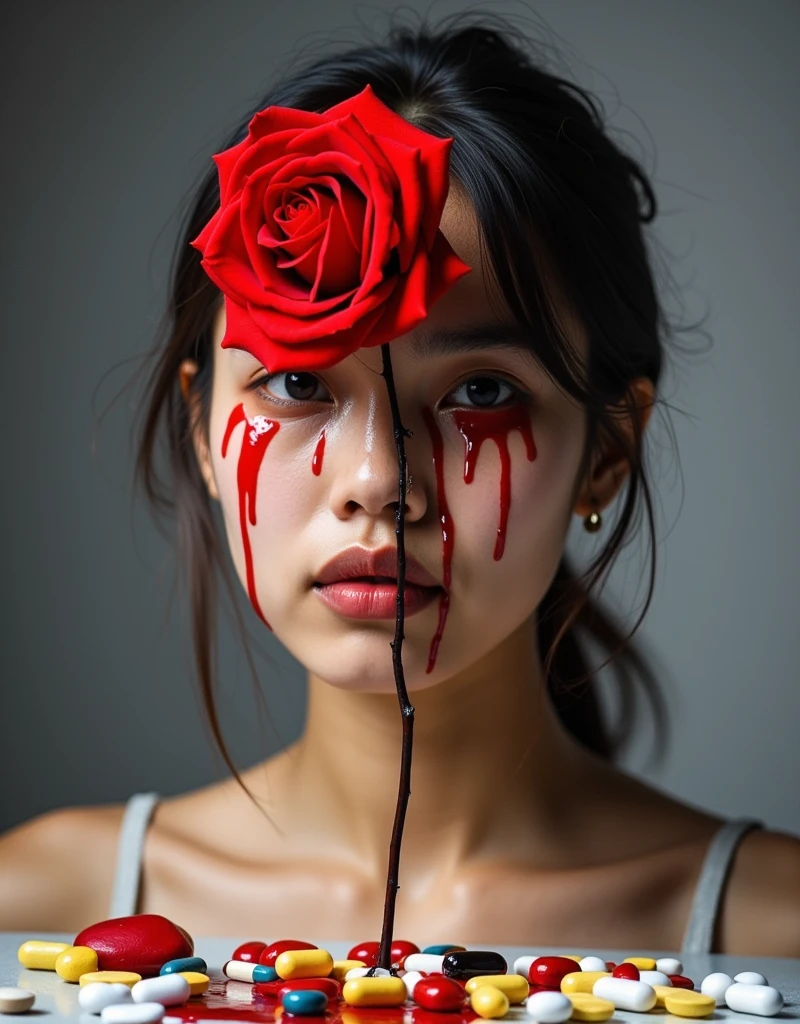 A scene on a graduated grey background. A bright red rose in full bloom, displaying every petal in its glorious form. Replace the suggestion of blood with droplets of ruby red paint. A young woman, of Asian descent with tears streaming down her face, portraying a deep sense of melancholy. Replace the suggestive material of drugs with a scattering of harmless, non-specific pills or supplements, emphasizing the idea of medicine and healthcare.