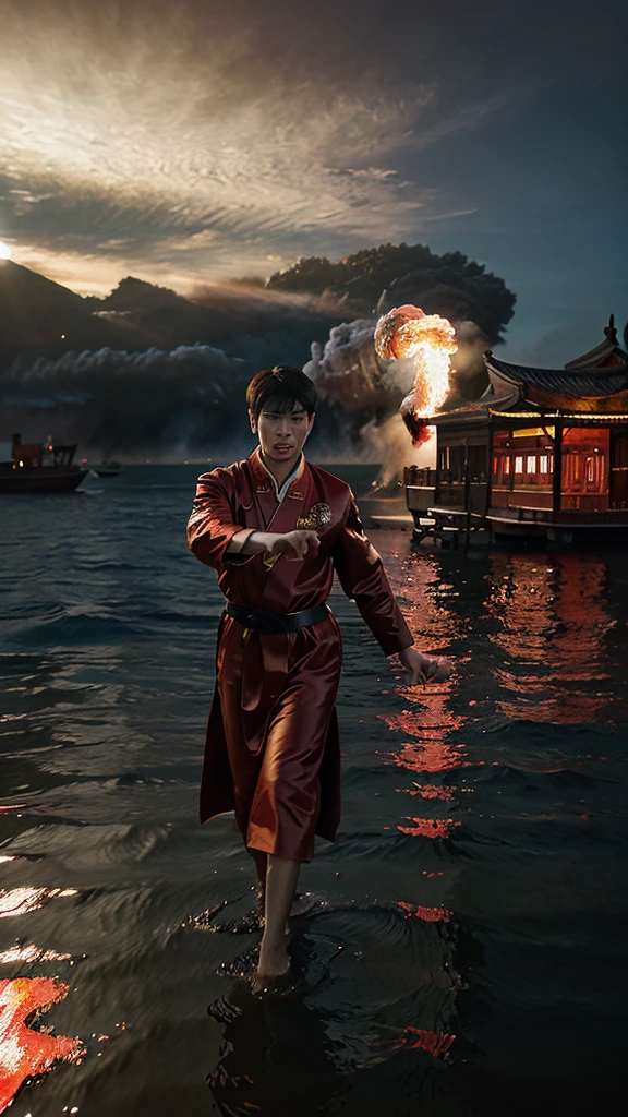 A handsome young man with a clear face, holding an ancient black iron umbrella, wearing a black and red Chinese costume.stand Dancing on the water surface behind him, there was a fire burning on the water surface, and red smoke was surrounding the young man.Dark atmosphere