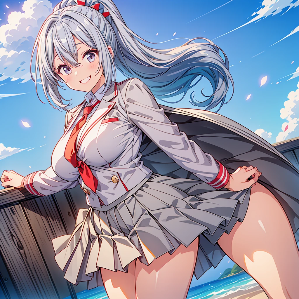 (( close、16k、highest quality、Attention to detail、Rich skin detail, nsfw、)),(((((Brown Skin)))))、(Muscular)、 (Beautiful Eyes), ((Huge breasts、Raise your hand、Both armpits、Spreading her legs、Crouching))、 ((School Uniform、Light blue panties、White Shirt、Pink Ribbon、White knee socks、blue hirt lift、Skirt Lift))、(Blue Eyes)、((White Hair、Blunt Bangs、long hair、Straight Hair、Ahoge)),  ((blush))、(Wide Hips、Thick thighs)、((((Embarrassing))))、((In town))