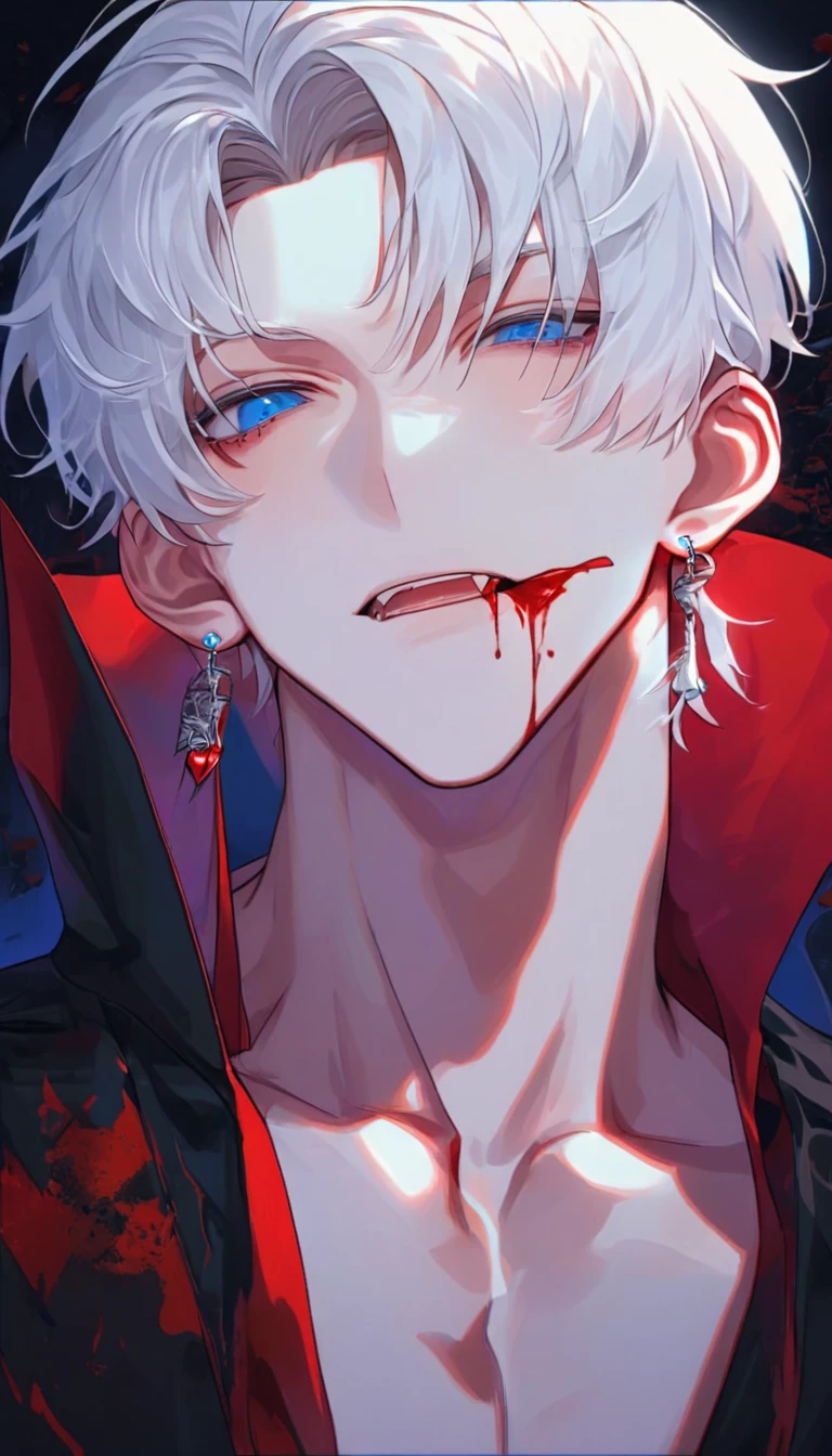 Vampire, absurdres, highres, ultra detailed, HDR, master piece, best quality, extremely detailed face, delicated features, Jaehwan , White hair, short hair, no fringe, without bangs, handsome hair, cool blue eyes, The World After The Fall, Alone, Sensual, Young face, black and red Vampire style, cold, Transparent, black, Boyfriend, Pierce, earring, Vampire boy, Draw a large background, anime,  Vampire model, fang, Scary Halloween background, Draw a large background, 4K, High image quality, Vampire pose, Blood dripping from the mouth, Vampire makeup, Upper body photography