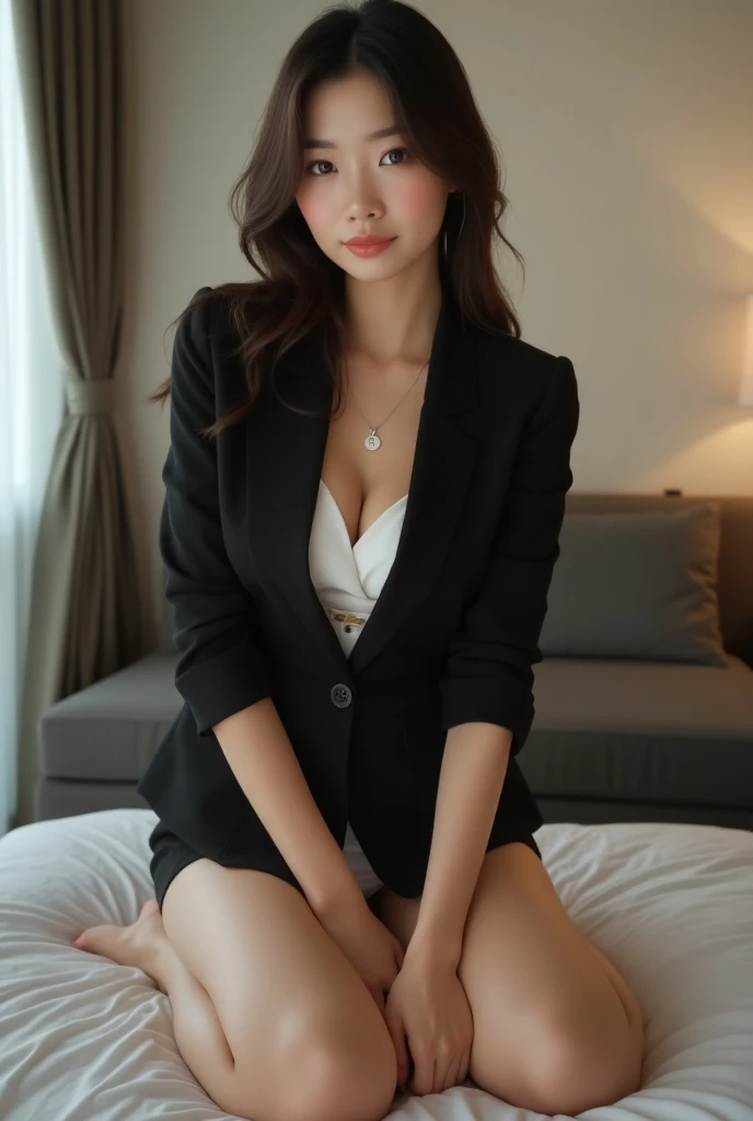 (1 woman), beautiful and seductive smile, (best quality: 1.4), (super detailed), (highly detailed CG integrated 8k wallpaper), highly detailed, high resolution raw color photo, professional photo , wonderful face and eyes, make-up , (seductive expression), (surprisingly beautiful girl), ((business suit)), ((miniskirt)), (business shirt with a plunging neckline), (legs spread out a little), (:1.3), insert, enchanting, (dim bedroom:1.3), candle, (view from above)