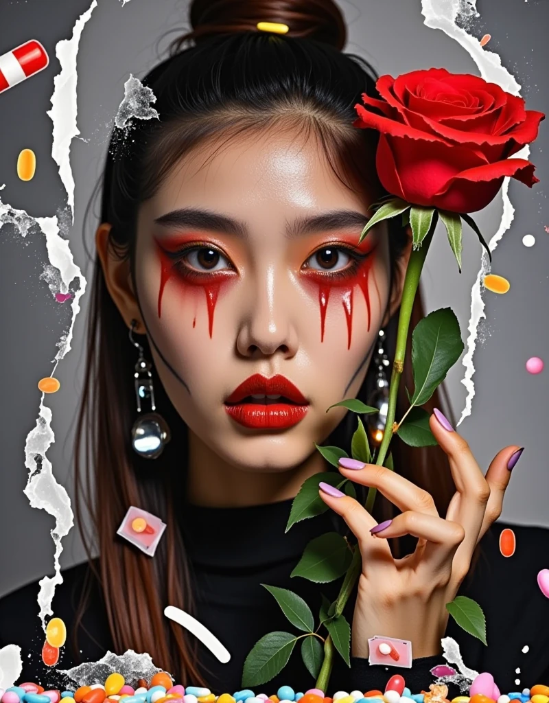 A scene on a graduated grey background. A bright red rose in full bloom, displaying every petal in its glorious form. Replace the suggestion of blood with droplets of ruby red paint. A young woman, of Asian descent with tears streaming down her face, portraying a deep sense of melancholy. Replace the suggestive material of drugs with a scattering of harmless, non-specific pills or supplements, emphasizing the idea of medicine and healthcare.