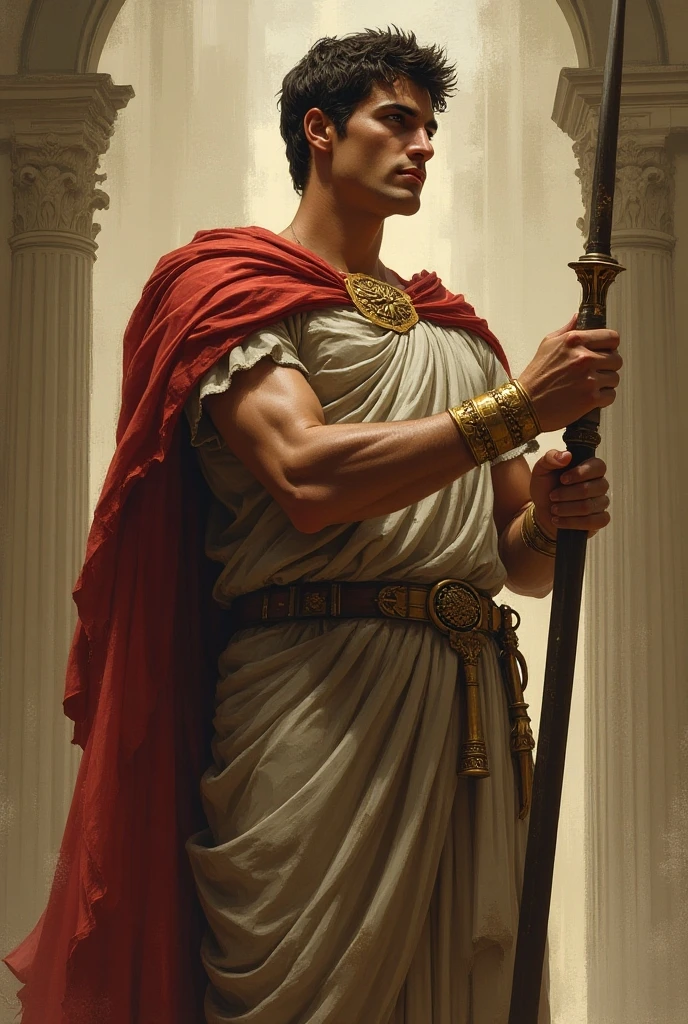 In the center of the image is a shadowy figure, illuminated by a single beam of sunlight that pierces through the darkness. The figure is Augustus Caesar, the first Roman Emperor, depicted in ultra-realistic style with every detail rendered in stunning clarity. He wears a toga and holds a scepter, his face twisted into an amusing expression as he gazes out at the viewer.
The background is filled with polychromatic hues that blend seamlessly together, creating a sense of depth and dimension. Shadows are cast across the scene in intricate patterns, adding to the overall atmosphere of mystery and intrigue. The shallow depth of field draws the eye towards Augustus, emphasizing his importance as the central figure in this key visual.
Sun rays stream down from above, casting a warm glow over the scene and highlighting the details of the image. The overall effect is one of grandeur and majesty, capturing the essence of Augustus' legacy and cementing his place in history.