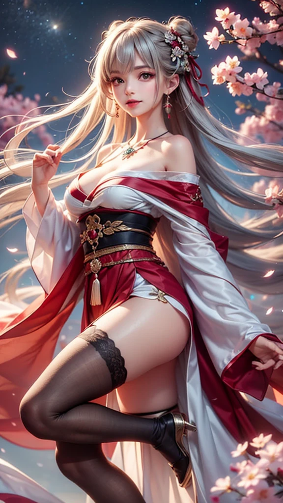 (masterpiece:1.5, Highest quality, Very detailed、 Dutch Angle、Semi-realistic、Fantasy)(One Girl, alone)(Silver Hair:1.4,,Straight Long Hair)(Wearing Han clothes, Royalty、White and red Hanfu:1.6,Thick fabric,Long sleeve)、((Off the shoulder、medium breasts, Beautiful cleavage、ruby ​​necklace))((Above the knee tights))(from side,cherry blossoms、dead tree、Mystical Night、Particles of light float around the woman、Fantasyのためのスペース)
