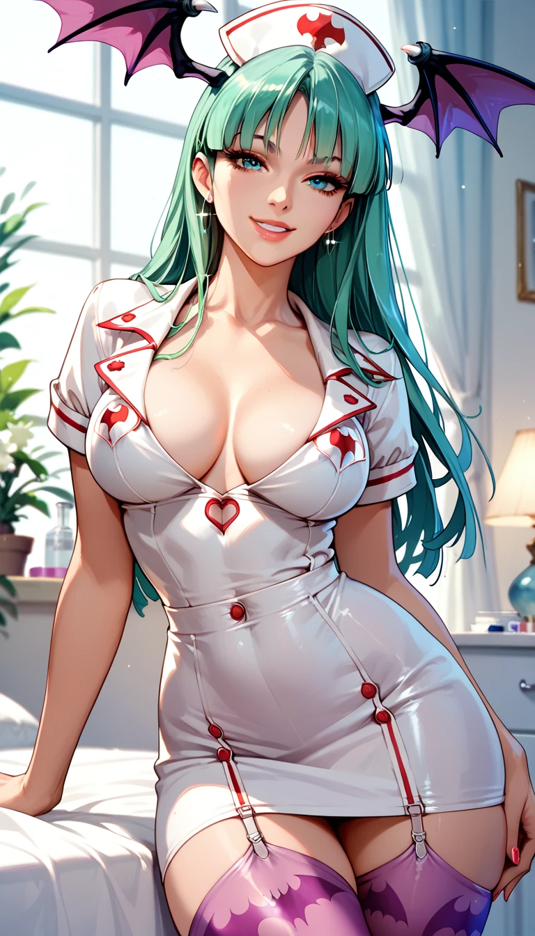 (((Erotic NSFW))),(Official Art),(masterpiece),( write beautifully and in detail),Beautiful and mature woman,Morrigan Aensland,Blue Eyes,Green Hair,smile,Nurse uniform,front, bedroom next to my husband