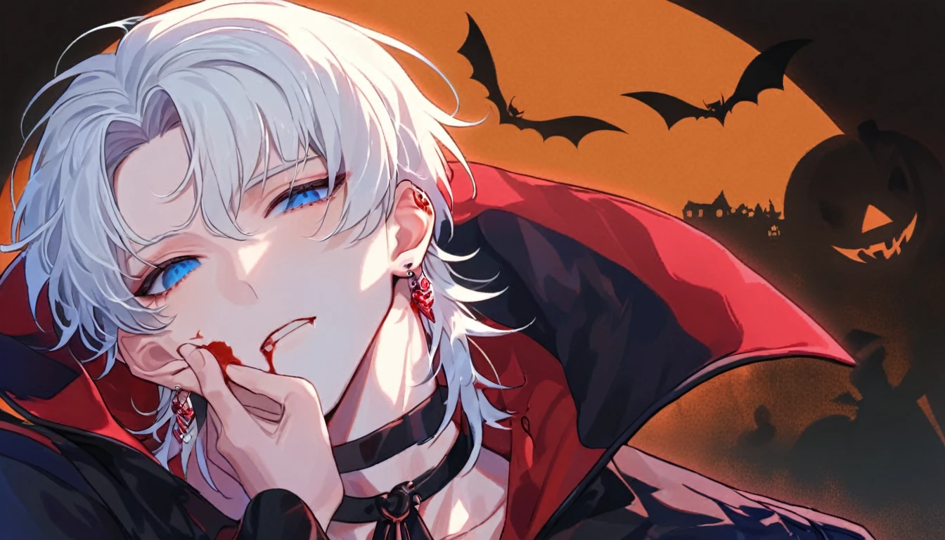 Vampire, absurdres, highres, ultra detailed, HDR, master piece, best quality, extremely detailed face, delicated features, Jaehwan , White hair, short hair, no fringe, without bangs, handsome hair, cool blue eyes, The World After The Fall, Alone, Sensual, Young face, black and red Vampire style, cold, Transparent, black, Boyfriend, Pierce, earring, Vampire boy, Draw a large background, anime,  Vampire model, fang, Scary Halloween background, Draw a large background, 4K, High image quality, Vampire pose, Blood dripping from the mouth, Vampire makeup, Upper body photography