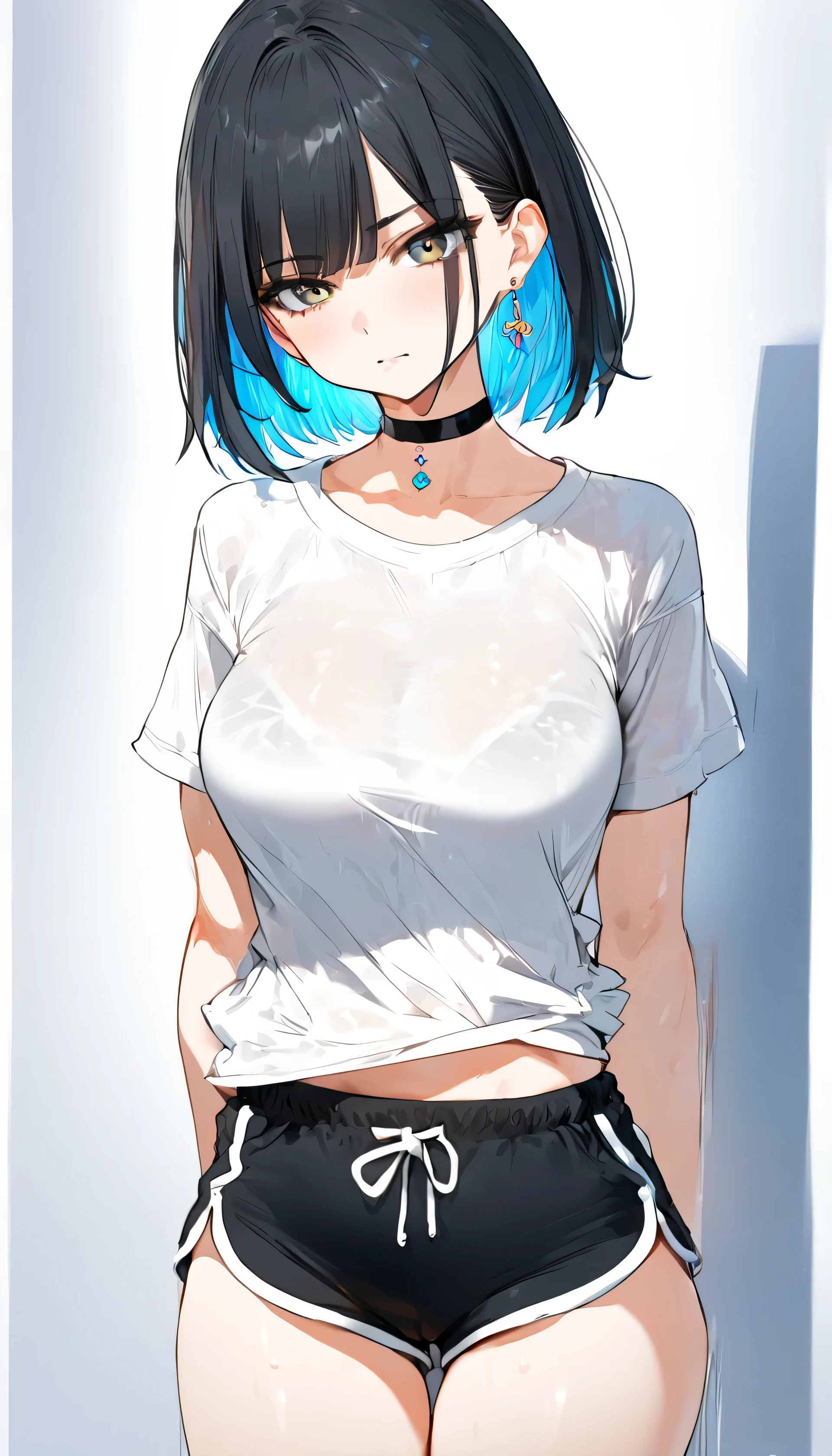some person poses in different poses with short hair hair and long hair with bangs., 1girl, solo, shorts, shirt, black hair, long hair, choker, jewelry, earrings, white background, black shorts, breasts, simple background, white shirt, short sleeves, multicolored hair, dolphin shorts, looking at viewer, short shorts, colored inner hair, 4K, , look at viewer, best quality, detail, HD, high resolution, masterpiece, textured skin, low sparkle, low bloom, motion blur, cheeks flushed, anime, beautiful, simple art, anime