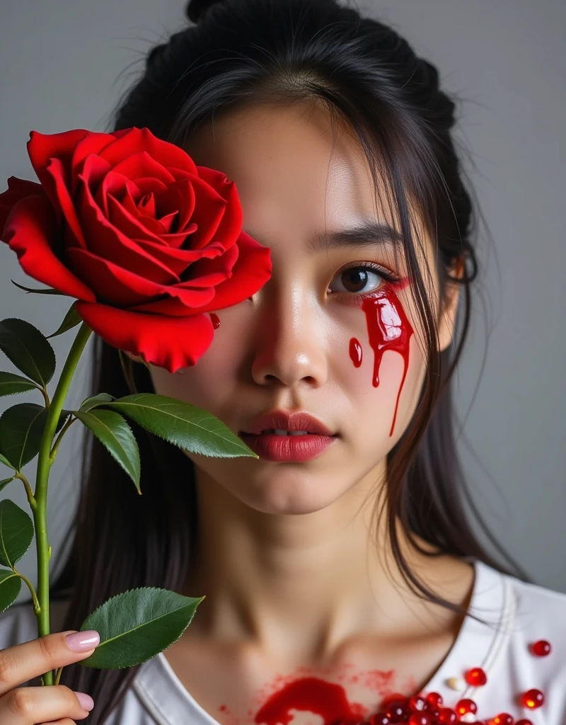 A scene on a graduated grey background. A bright red rose in full bloom, displaying every petal in its glorious form. Replace the suggestion of blood with droplets of ruby red paint. A young woman, of Asian descent with tears streaming down her face, portraying a deep sense of melancholy. Replace the suggestive material of drugs with a scattering of harmless, non-specific pills or supplements, emphasizing the idea of medicine and healthcare, 1wsjrx1