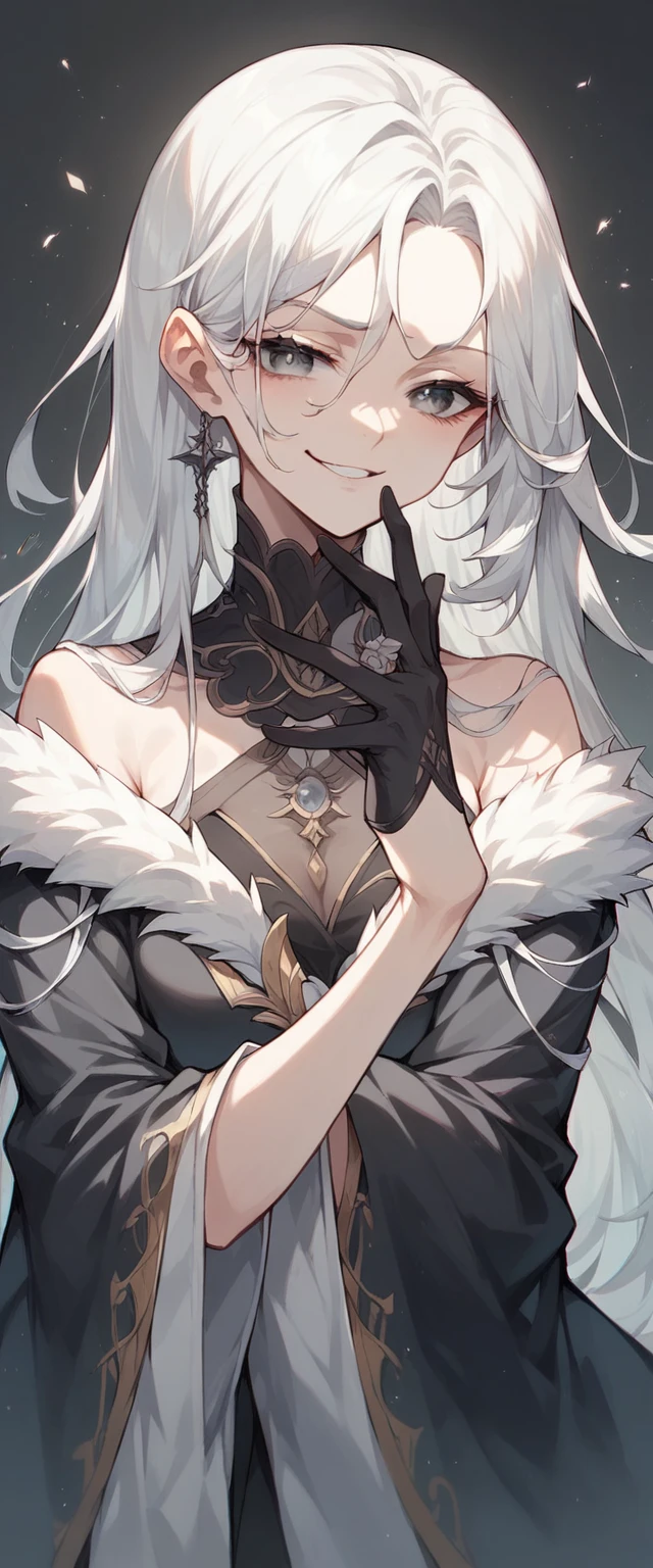 1 girl, white hair(long hair)(tied), black-silver eyes(detailed eyes), wear a black robe, (looking at the audience with a smug face), beautiful hand (black gloves) (perfect fingers)