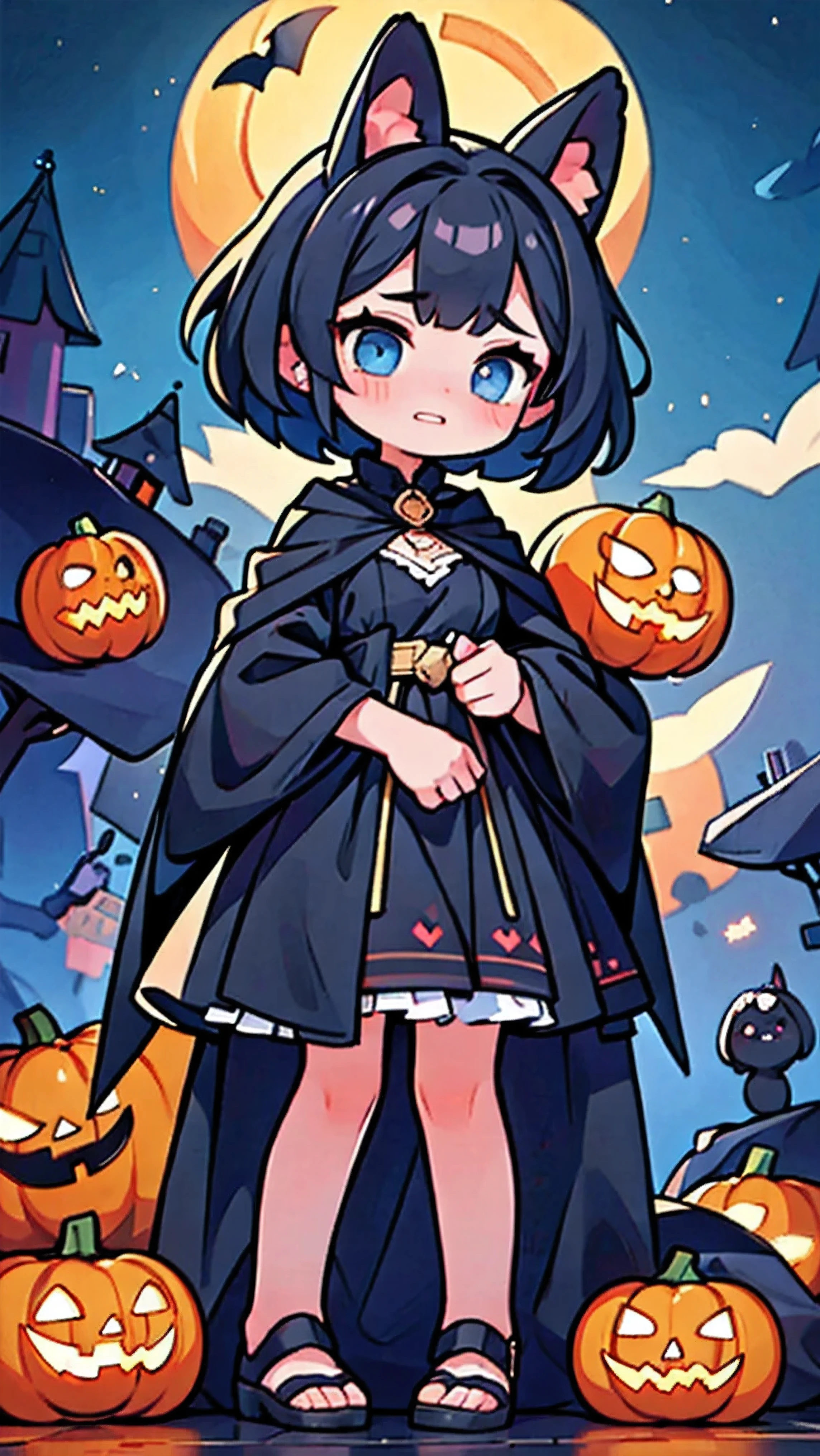 1girl,Black Hair,Dog Ears,Bob,Big Eyes,  blue eyes  ,Droopy eyes, Art ,witch, Another world,8k,  movie writing  ,High image quality,tears,cry,Very scared , open your mouth wide, jack o' lantern 