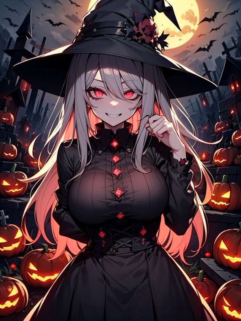  high definition、Best Quality、8k、 perfect face、Alone、Zombie Girl、Grey Skin、(corruption)、Slanted Eyes、Crazy Eyes、 red eyes that glow in the dark、 black eyeshadow 、Hollow Eyes、Shadowy Face、Detailed lips、Long silver hair、Large Breasts、 Creepy Silhouette with Glowing Eyes at Night、Extremely tired goth woman 、Yandere face 、witch、 Crazy Evil Smile 、 Wicked Expression 、Cemetery、Church Background、full moon、 Halloween 