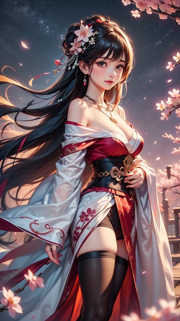 (masterpiece:1.5, Highest quality, Very detailed、 Dutch Angle、Semi-realistic、Fantasy)(One Girl, alone)(Silver Hair:1.4,,Straight Long Hair)(Wearing Han clothes, Royalty、White and red Hanfu:1.6,Thick fabric,Long sleeve)、((Off the shoulder、medium breasts, Beautiful cleavage、ruby ​​necklace))((Above the knee tights))(from side,cherry blossoms、dead tree、Mystical Night、Particles of light float around the woman、Fantasyのためのスペース)
