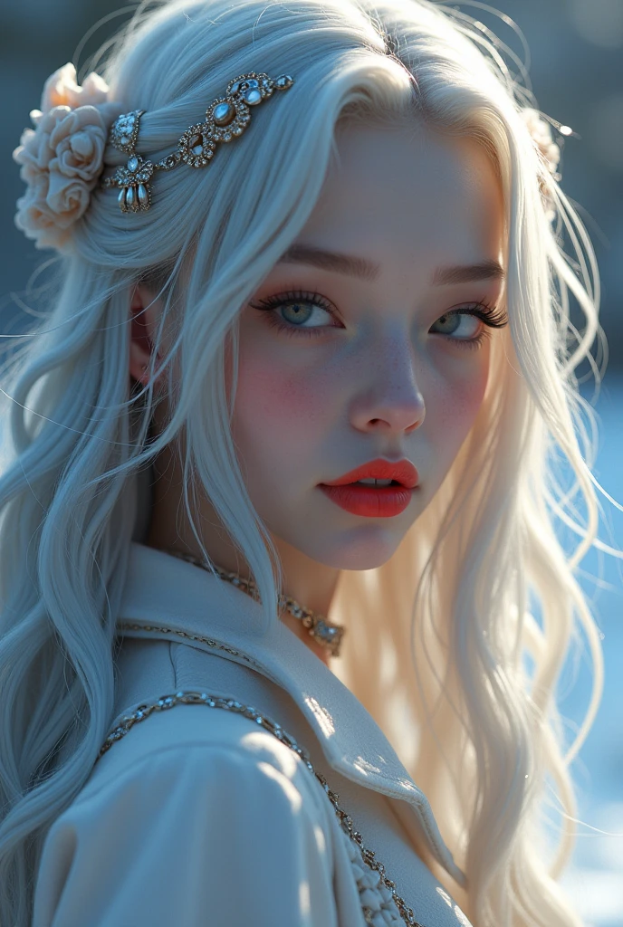 ((RAW Photo), absurd, (absurdresolution)), masterpiece, best quality, (Extremely detailed 8k unity CG wallpaper), (best illustration), (best shadow), Realistic lighting, beautiful detailed glow, ((21 years old)), girl, long silver hair, snow queen, accessories, rosary in hand, Archangel, red lipstick, (((Photographic Perspective of her)))