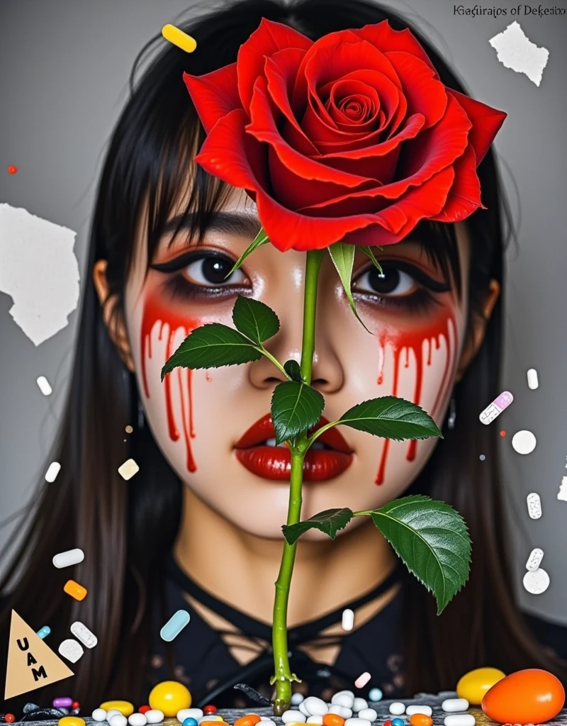 A scene on a graduated grey background. A bright red rose in full bloom, displaying every petal in its glorious form. Replace the suggestion of blood with droplets of ruby red paint. A young woman, of Asian descent with tears streaming down her face, portraying a deep sense of melancholy. Replace the suggestive material of drugs with a scattering of harmless, non-specific pills or supplements, emphasizing the idea of medicine and healthcare, 1wsjrx1