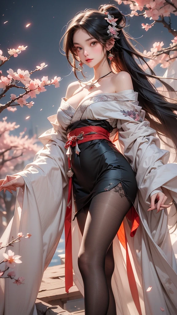 (masterpiece:1.5, Highest quality, Very detailed、 Dutch Angle、Semi-realistic、Fantasy)(One Girl, alone)(Silver Hair:1.4,,Straight Long Hair)(Wearing Han clothes, Royalty、White and red Hanfu:1.6,Thick fabric,Long sleeve)、((Off the shoulder、medium breasts, Beautiful cleavage、ruby ​​necklace))((Above the knee tights))(from side,cherry blossoms、dead tree、Mystical Night、Particles of light float around the woman、Fantasyのためのスペース)
