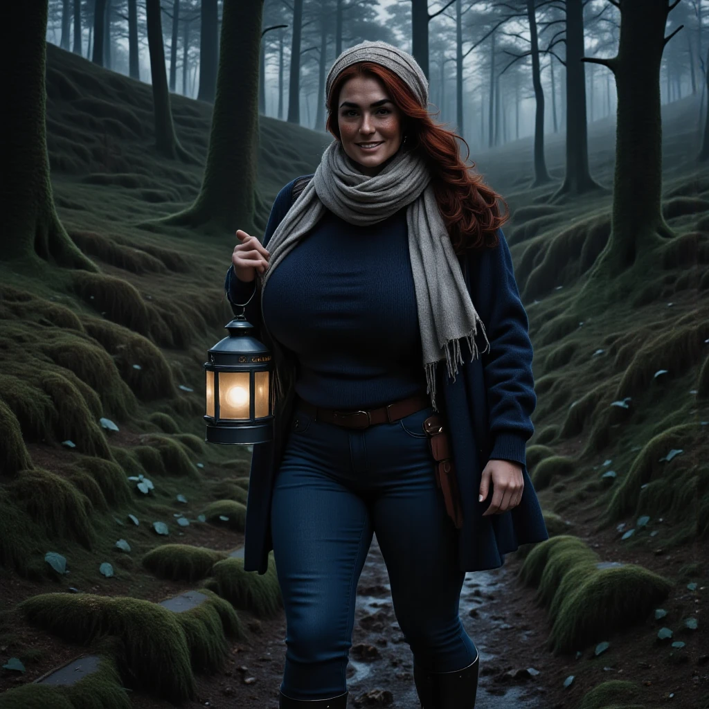 Photorealistic, cinematic style, sideview picture of a beautiful British woman carrying a lantern on a stick through a night time dark forest. smiling. (It's really dark: 1.5), She's got brown eyes, downturned eye shape, light skin and freckles, reddish-brown hair.  She's wearing a rustic white head scarf, navy blue ribbed military sweater, stonewashed jeans, she has a plump belly. Rubber boots. The forest is very old, mossy trees, dark. Hillside, slope, view into the valley. Late night dark.  perfect hand,HDR, intricate details , 