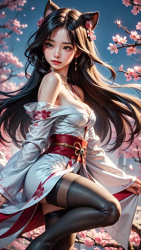 (masterpiece:1.5, Highest quality, Very detailed、 Dutch Angle、Semi-realistic、Fantasy)(One Girl, alone)(Silver Hair:1.4,,Straight Long Hair)(Wearing Han clothes, Royalty、White and red Hanfu:1.6,Thick fabric,Long sleeve)、((Off the shoulder、medium breasts, Beautiful cleavage、ruby ​​necklace))((Above the knee tights))(from side,cherry blossoms、dead tree、Mystical Night、Particles of light float around the woman、Fantasyのためのスペース)
