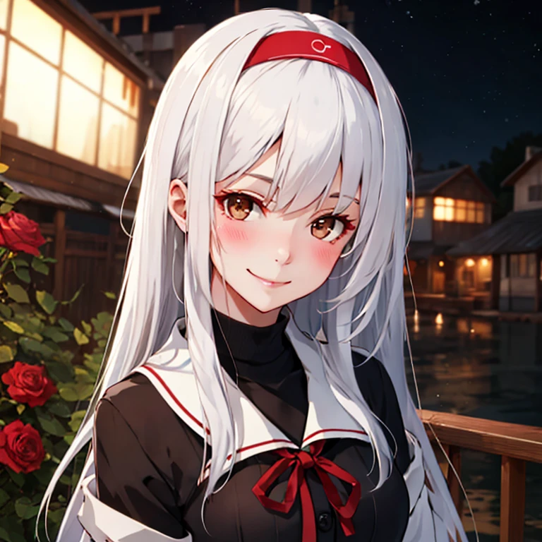 
shoukaku_kantaicollection
long_hair, hairband, white_hair, brown_eyes, smile, headband, blush, muneate,
Rose,
