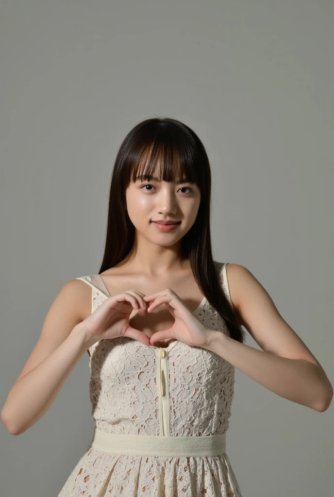 She is in a pose wearing a sexy camisole, making a firm big heart shape with both hands, and holding it in front of her chest, Cute smile up、Monotone background

