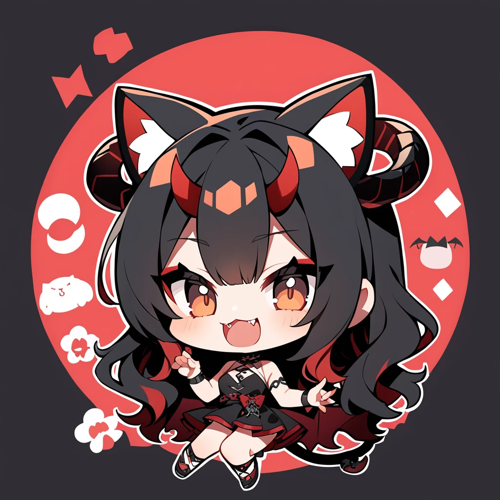 chibi, beautiful woman, long wavy black hair, brown eyes, cat ears and tail, fangs, demon horns, Red Eyeliner, Beautiful Woman 