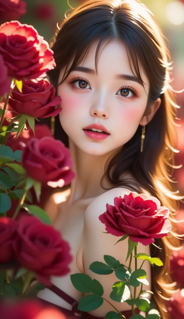 美しいRoseの背景、mirage、Rose園、Roseに囲まれて、 very detailed、 super real 、Realistic、8k、 surreal、masterpiece、 beautiful details、 beautiful lip details、 very detailedな顔、 long eyelashes 、 BEAUTIFUL GIRLS、((( Had)))、 Calm Look 、Warm colors、  beautiful lighting pictures 、 like a movie、 Intricate Details、 bright color、 soft focus 、 written boundary depth、(((Rose、深紅のRose:1.37)))