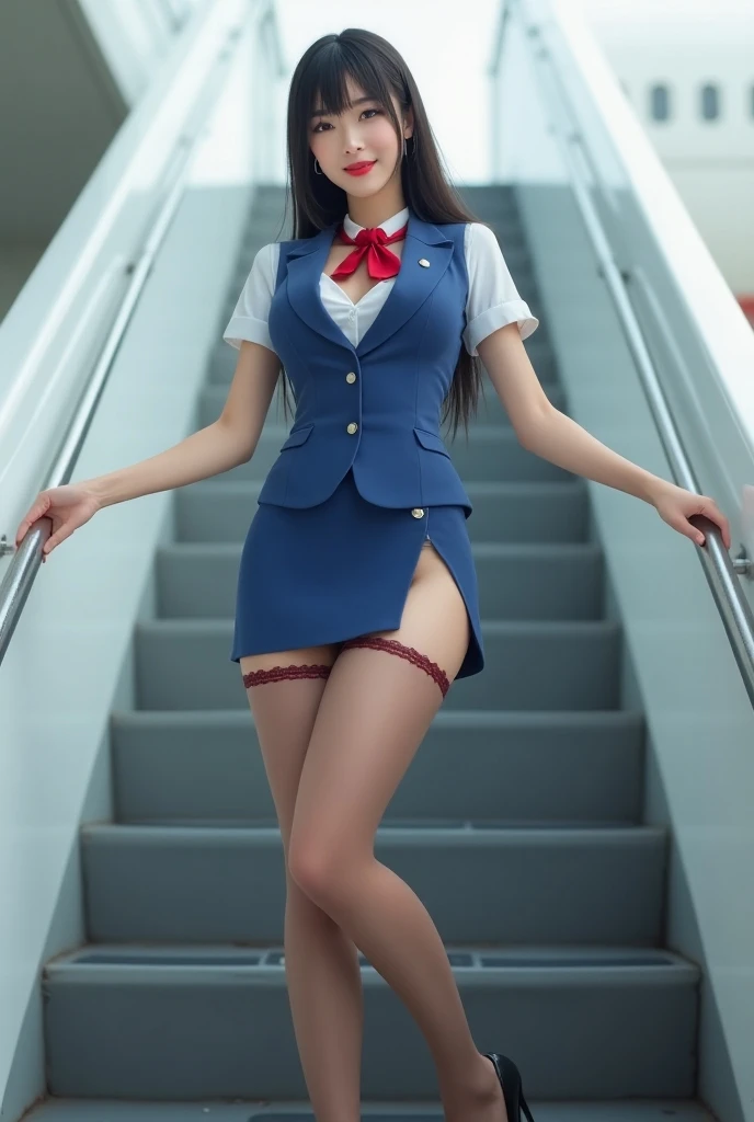 best quality,full body shot,shoes,delicate face, Pretty face, Slender、(skirt lift), ((skirt lift by myself)),blue panties ,Red shirt、navy skirt,(black pantyhose)、high heels、adorable，smile，long legs，cleavage、sitting pose，Offices on high floors、There are large windows、detailed background、necklace、earrings、Chain Bracelet