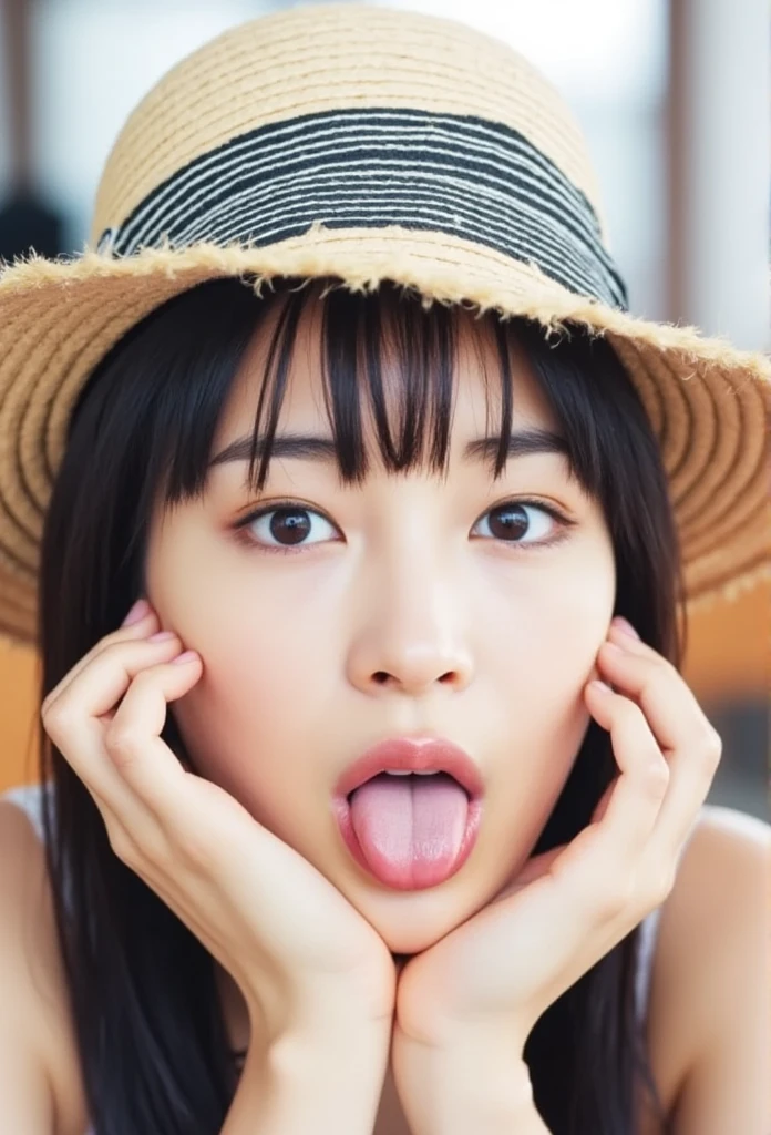 Picture of a woman's face 、( sharp focus ), From below, ( please kneel and look upward:1.10), ((Open your mouth:1.6)), ( stick out your tongue:1.8), (Ultra-detailed beautiful faces:1.10), (Ultra-detailed beautiful slim body:1.9), 21 years old, ( Super Detailed Beautiful Japanese Beauty Female Idols:1.7), ( troubled face:1.3), Woman in the center of the image, break,  photorealistic,  hyperrealism,  portrait of young adorable Japanese face, Japanese facial features,  Young and Cute Skinny Oriental Faces,  Bust Up Shot, 21 years old idol with a cute face,  beautiful Japanese girl's face , Japanese facial features,  she has a lovely look , ( Fairytale Swimsuit:1.7), 