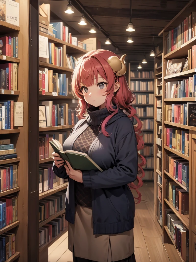 (​masterpiece、top-quality、hight resolution、Unity 8k、extremely details CG:1,Best Picture), ilulu, "A woman with an unenthusiastic expression, organizing books on a shelf in a bookstore. She’s wearing casual attire and arranges the books quickly and methodically, even though she looks slightly tired. The background shows tall bookshelves and a cozy bookstore setting."