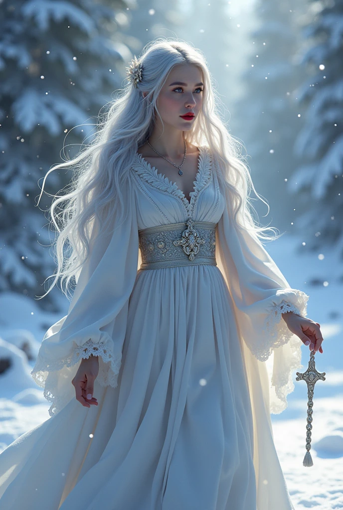 ((RAW Photo), absurd, (absurdresolution)), masterpiece, best quality, (Extremely detailed 8k unity CG wallpaper), (best illustration), (best shadow), Realistic lighting, beautiful detailed glow, ((21 years old)), girl, long silver hair, snow queen, accessories, rosary in hand, Archangel, red lipstick, iconic walking stance, snow drops snow flakes (((Photographic Perspective of her)))