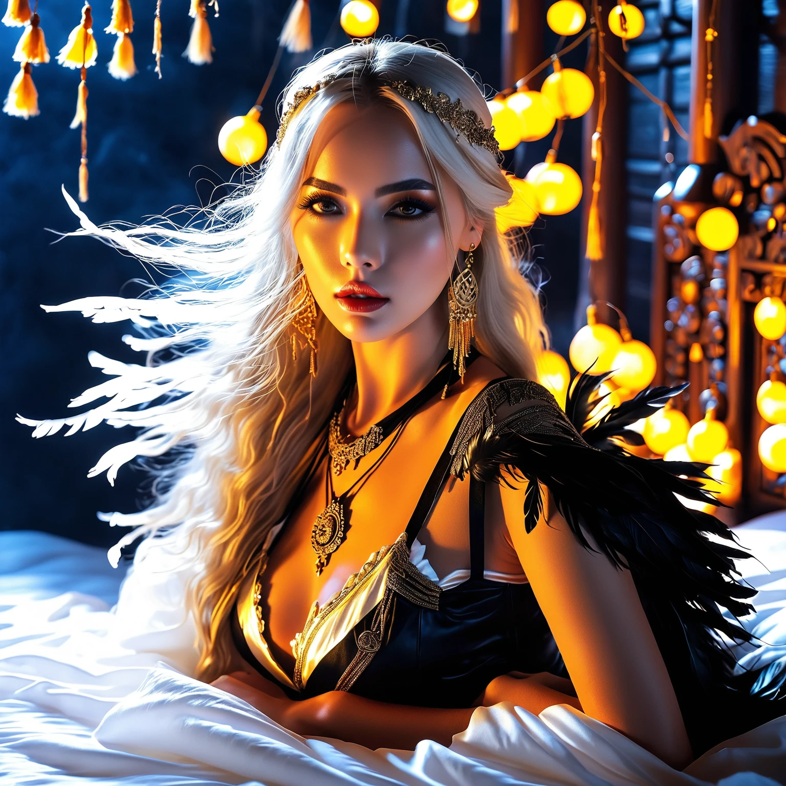 Masterpiece, score_9, score_8_up, score_7_up, dynamic lighting, dark fantasy style, mysterious, powerful, peaceful, female war goddess, solemn and dignified expression, 1girl, white long hair, black and white outfit, black suspender boots, sitting on a white sheet, bed , intricate bedspread, thick black feathers, celestial glow, ancient hunting god, echoes of ancient rituals, fluttering yellow tassels, sacred halo, runic energy, breeze, protector, night, deep shadows, soft moonlight, fantasy, lora: gangbang: 0.87 reality, solo focus, multiple girls, modern, traditional, color, light, stunning, intricate, style, eyes, hair, beauty,cqsf7cte878c73djfa0g