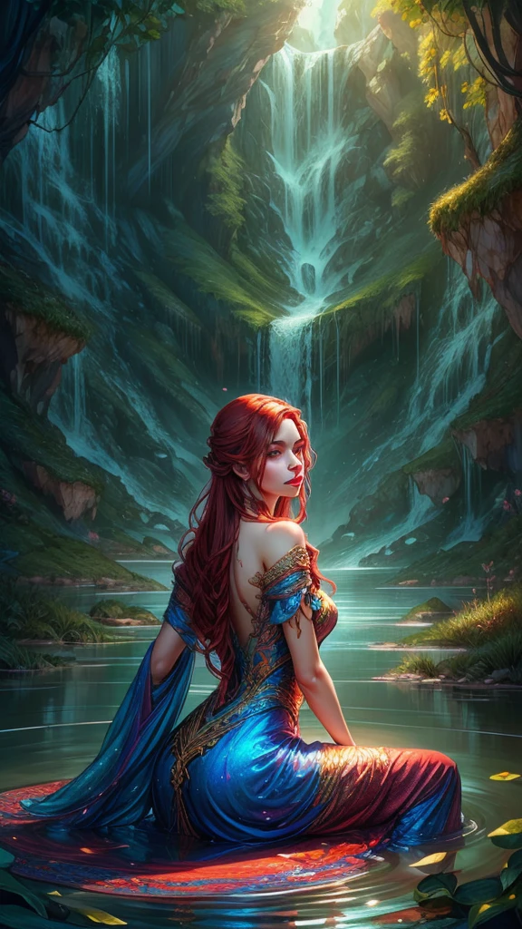 milf madura,  red hair,  full body ,  vibrant colors , shiny skin, mesmerizing eyes, elegant pose, enchanting background, delicate lace dress, surreal lighting, ethereal atmosphere, mystical aura,  intricate details , artistic medium,  digital illustration , Fantasy, anime,  Bathing in a waterfall, sitting in the water,    looking back