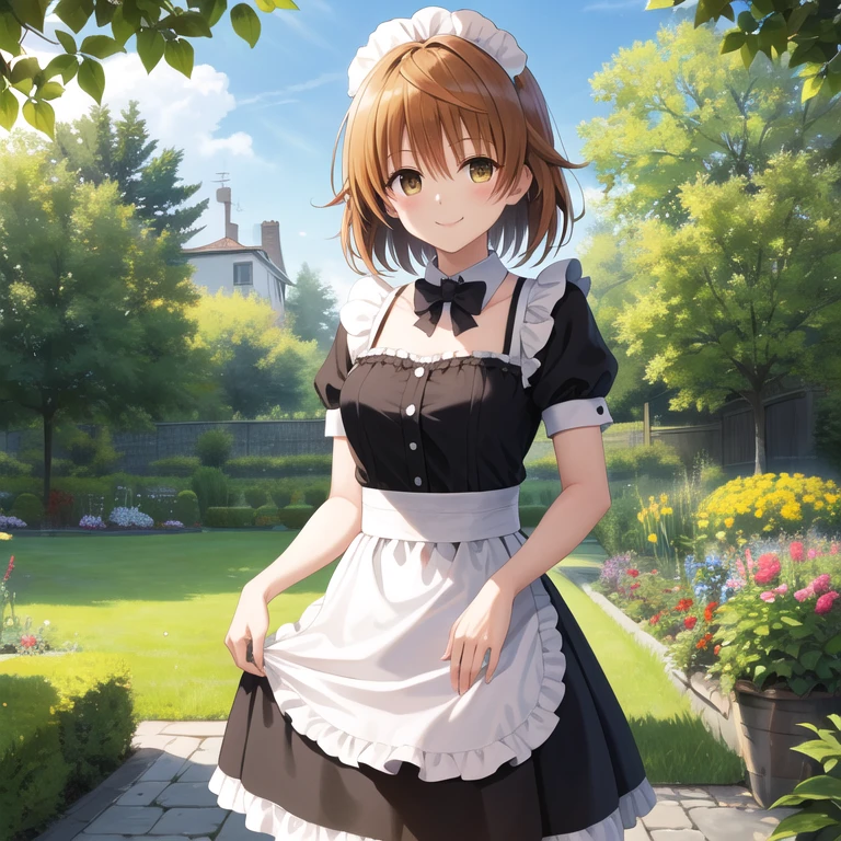 masterpiece, best quality, highres, Yuusaki Riko, short hair, brown eyes, maid, maid headdress, skirt hold, garden, smile