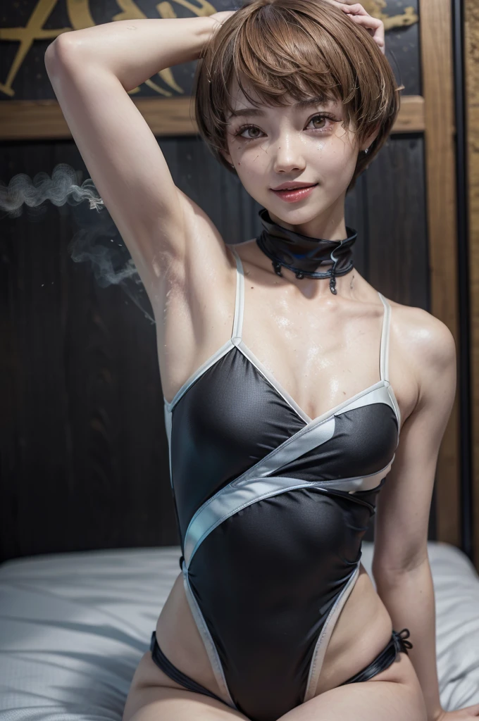 (masterpiece,beautiful,最  high quality,Super detailed,Exquisite,  very detailed,  high quality,  very detailed,hughres,4K,8k:)，(NSFW，Persona， Satonaka Chie:1.3)，(bedroom:1.5)，((Steam，Steaming:1.3))，(((脇の皺，脇のDownを見せる，Armpit:1.3)))，nude，(black competitive swimsuit:1.5),  close one eye ,photo shoot,脇のDownを見せる, cute smile,Down, 