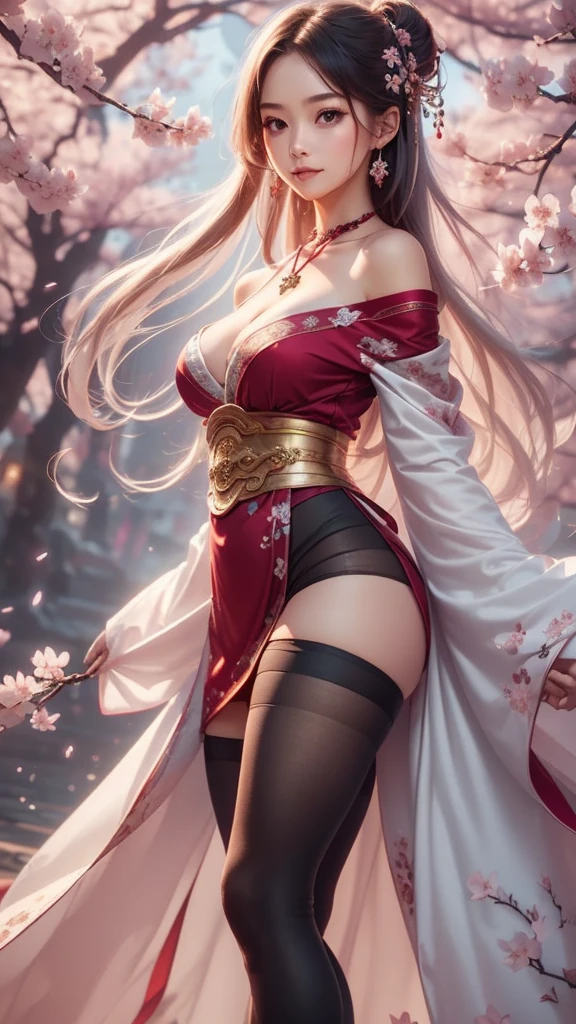 (masterpiece:1.5, Highest quality, Very detailed、 Dutch Angle、Semi-realistic、Fantasy)(One Girl, alone)(Silver Hair:1.4,,Straight Long Hair)(Wearing Han clothes, Royalty、White and red Hanfu:1.6,Thick fabric,Long sleeve)、((Off the shoulder、medium breasts, Beautiful cleavage、ruby ​​necklace))((Above the knee tights))(from side,cherry blossoms、dead tree、Mystical Night、Particles of light float around the woman、Fantasyのためのスペース)
