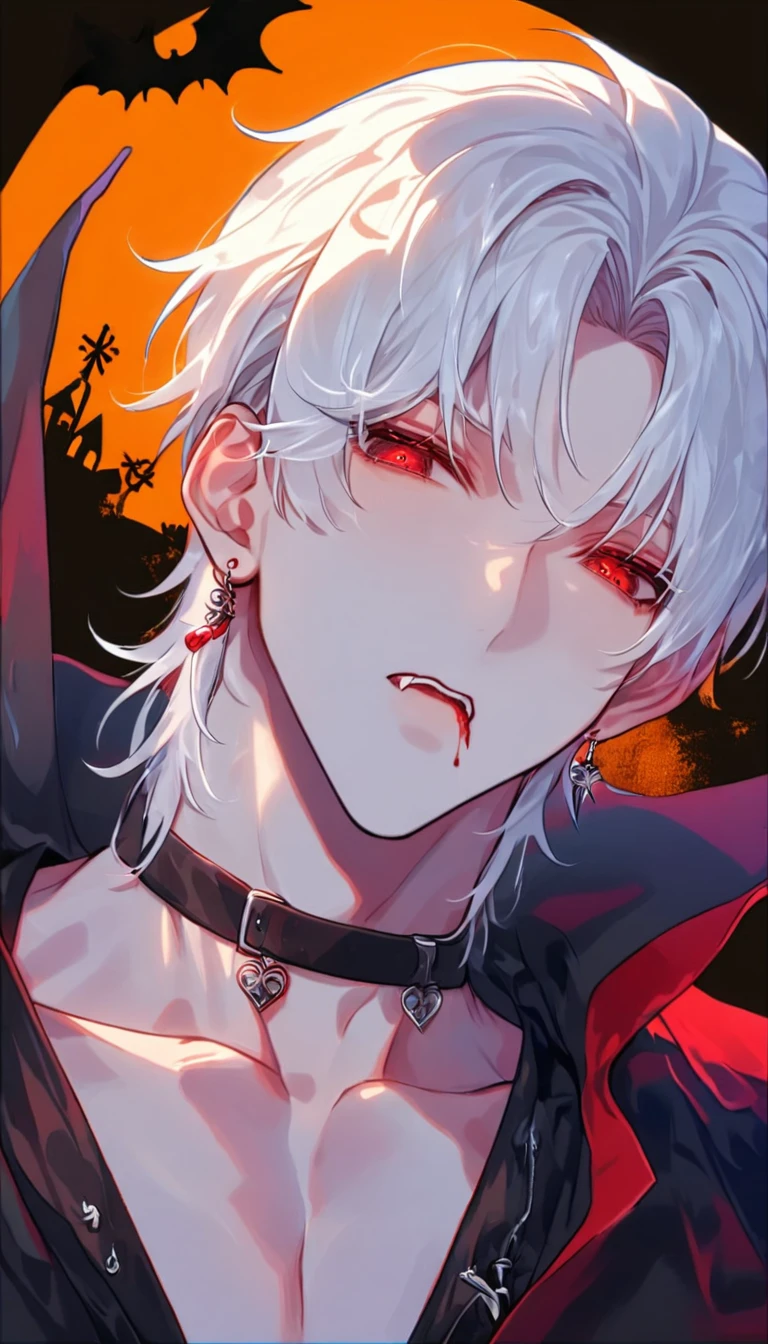 Vampire, absurdres, highres, ultra detailed, HDR, master piece, best quality, extremely detailed face, delicated features, Jaehwan , White hair, short hair, no fringe, without bangs, handsome hair, cool eyes, The World After The Fall, Alone, Sensual, Young face, black and red Vampire style, cold, Transparent, black, Boyfriend, Pierce, earring, Vampire boy, Draw a large background, anime,  Vampire model, fang, Scary Halloween background, Draw a large background, 4K, High image quality, Vampire pose, Blood dripping from the mouth, Vampire makeup, Upper body photography