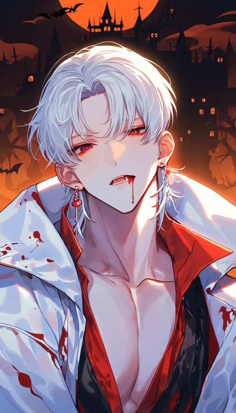 Vampire, absurdres, highres, ultra detailed, HDR, master piece, best quality, extremely detailed face, delicated features, Jaehwan , White hair, short hair, no fringe, without bangs, handsome hair, cool eyes, The World After The Fall, Alone, Sensual, Young face, black and red Vampire style, cold, Transparent, black, Boyfriend, Pierce, earring, Vampire boy, Draw a large background, anime,  Vampire model, fang, Scary Halloween background, Draw a large background, 4K, High image quality, Vampire pose, Blood dripping from the mouth, Vampire makeup, Upper body photography