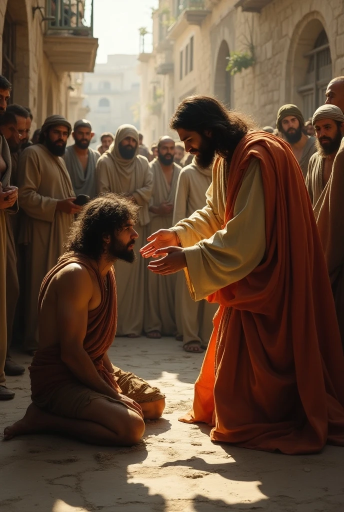 Jesus healing the leper on the streets of Jerusalem