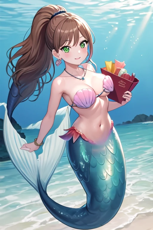 Best Quality, masterpiece,  high definition, Alone, {Imai_Lisa_BanG Dream!:1.15}, brown_hair, length_hair, 前hair,  JEWELRY, green_eye,  earrings for a woman alone, ,  ponytail,  side lock, mermaid， mermaid, Big Breasts:1.2, seabed, Shell Bikini, レッドカラー mermaid, red color shell 