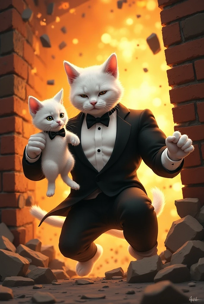 Dramatic Rescue Scene with Beautiful White Cat:the black Villain Cat in Dark Devil Dress with Magic Cap  . White Cat in High Heels and red One-Piece Dress: dressed in her glamorous one-piece dress and high heels, 

Description: The handsome white bodybuilder cat wearing a red tshirt and white pant is heroically rescuing the beautiful white cat from the clutches of the black Villain Cat in Dark Devil Dress with Magic Cap  . White Cat in High Heels and One-Piece Dress: dressed in her glamorous one-piece dress and high heels, is shown being freed from the villain's grasp. The scene is filled with tension and drama, with dramatic lighting highlighting the rescue.