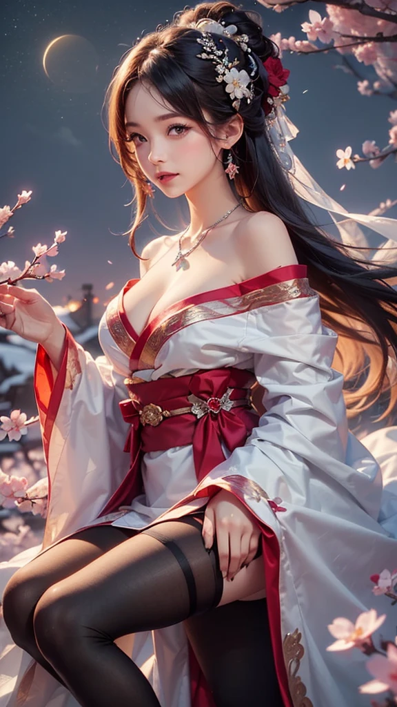 (masterpiece:1.5, Highest quality, Very detailed、 Dutch Angle、Semi-realistic、Fantasy)(One Girl, alone)(Silver Hair:1.4,,Straight Long Hair)(Wearing Han clothes, Royalty、White and red Hanfu:1.6,Thick fabric,Long sleeve)、((Off the shoulder、medium breasts, Beautiful cleavage、ruby ​​necklace))((Above the knee tights))(from side,cherry blossoms、dead tree、Mystical Night、Particles of light float around the woman、Fantasyのためのスペース), kimono girl
