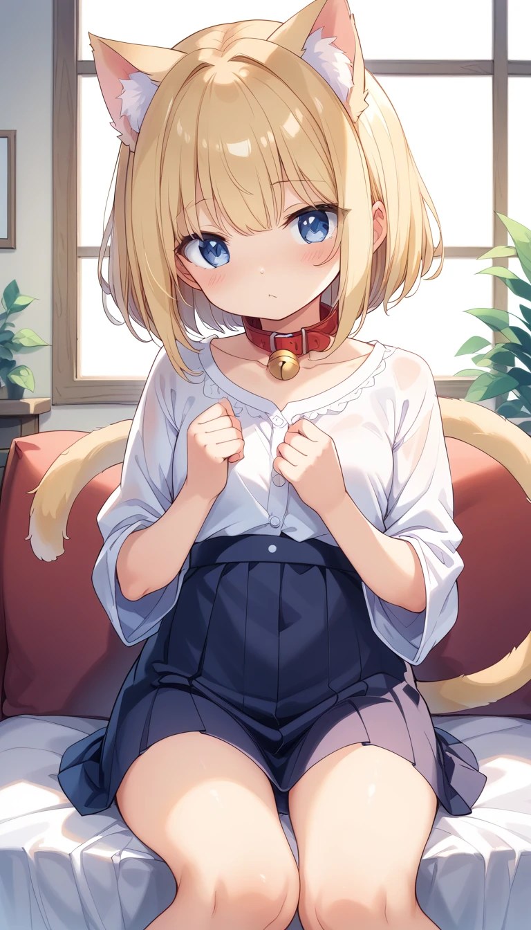  cute charming girl 、 ((( ultra high resolution、 Ultra High Definition、 Ultra HD、Highest Settings、８k、)))、Small breasts、 so cute、 is cute、４k、 cosplay、((Cat耳カチューシャ、Tail、Bell on collar、))、(((Catのポーズ、)))、(CG Art)、A bright, sunny room、Modern Room、Focus、 Shiny Beautiful Blonde 、 detailed and precise, beautiful blue eyes 、Beautiful clean skin、realskin、Cat、Fluffy、