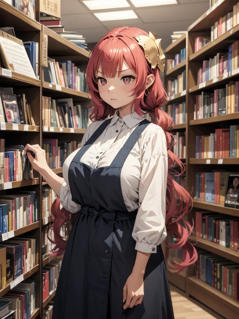 (masterpiece、top-quality、hight resolution、Unity 8k、extremely details CG:1,Best Picture), ilulu, "A woman with a reluctant, mildly annoyed look, her lips pressed in a thin line and her eyes narrowed slightly as if she’d rather be anywhere else.", "A woman with an unenthusiastic expression, organizing books on a shelf in a bookstore. She’s wearing casual attire and arranges the books quickly and methodically, even though she looks slightly tired. The background shows tall bookshelves and a cozy bookstore setting."