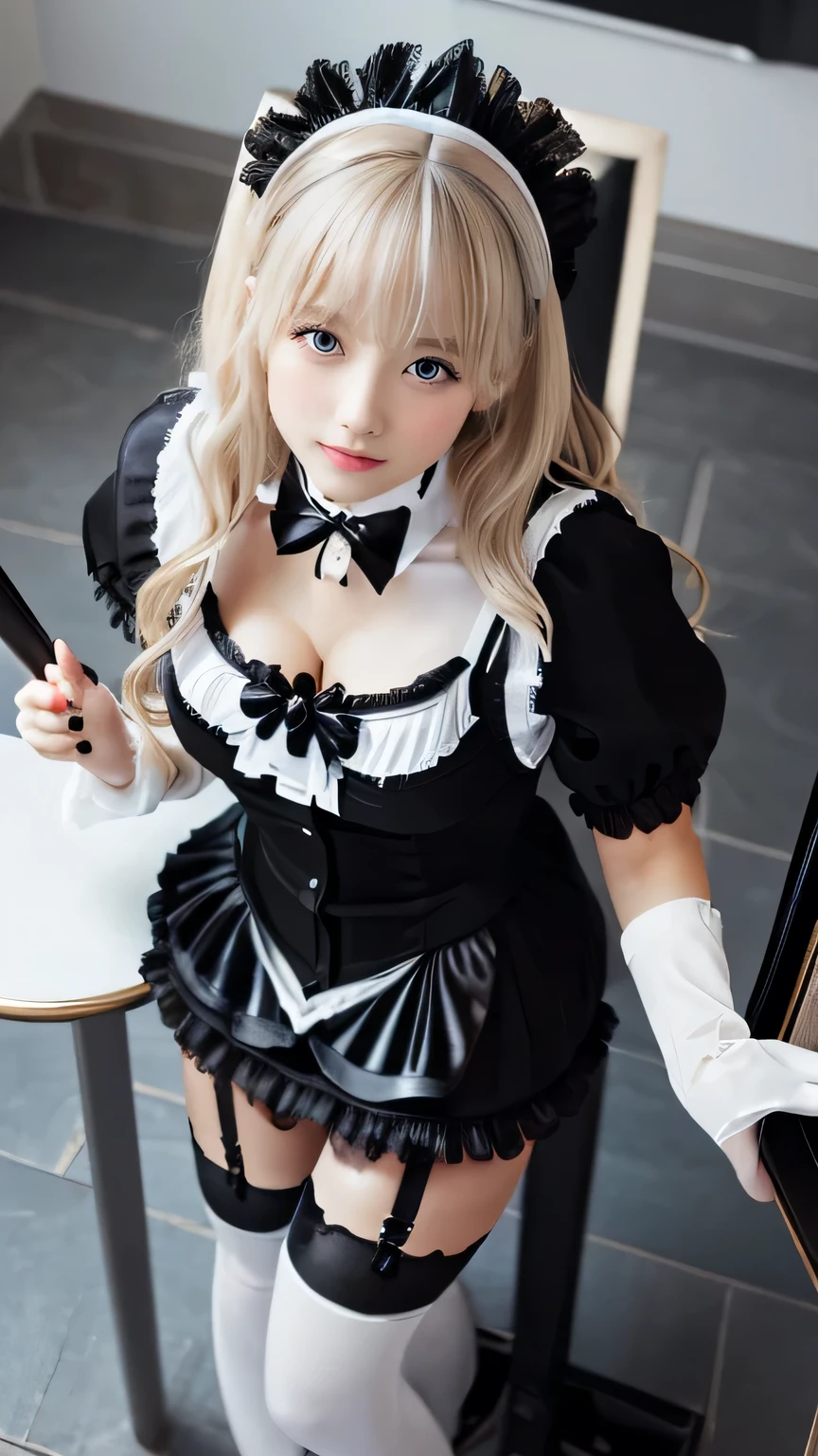 (Highest quality, Super detailed, High resolution, 8K images),(Sexy maid), (Fantasy Costume，Cute details，wide chest:1.5), (Blonde Short Cut)、,She has a cheerful personality，Cute Smile.(large and impressive eyes, Long eyelashes), ,The skirt flips up and the underwear is visible, ,((Show me your)), ((Stick your butt out)),(Squat with legs apart), Fine and beautiful eyes,Perfect Proportions,(Overflowing big),(A full-body shot from behind), Very beautiful and cute girl,22 years old,(anime),Kamimei, Pitch black background,(Solid black background),alone,
